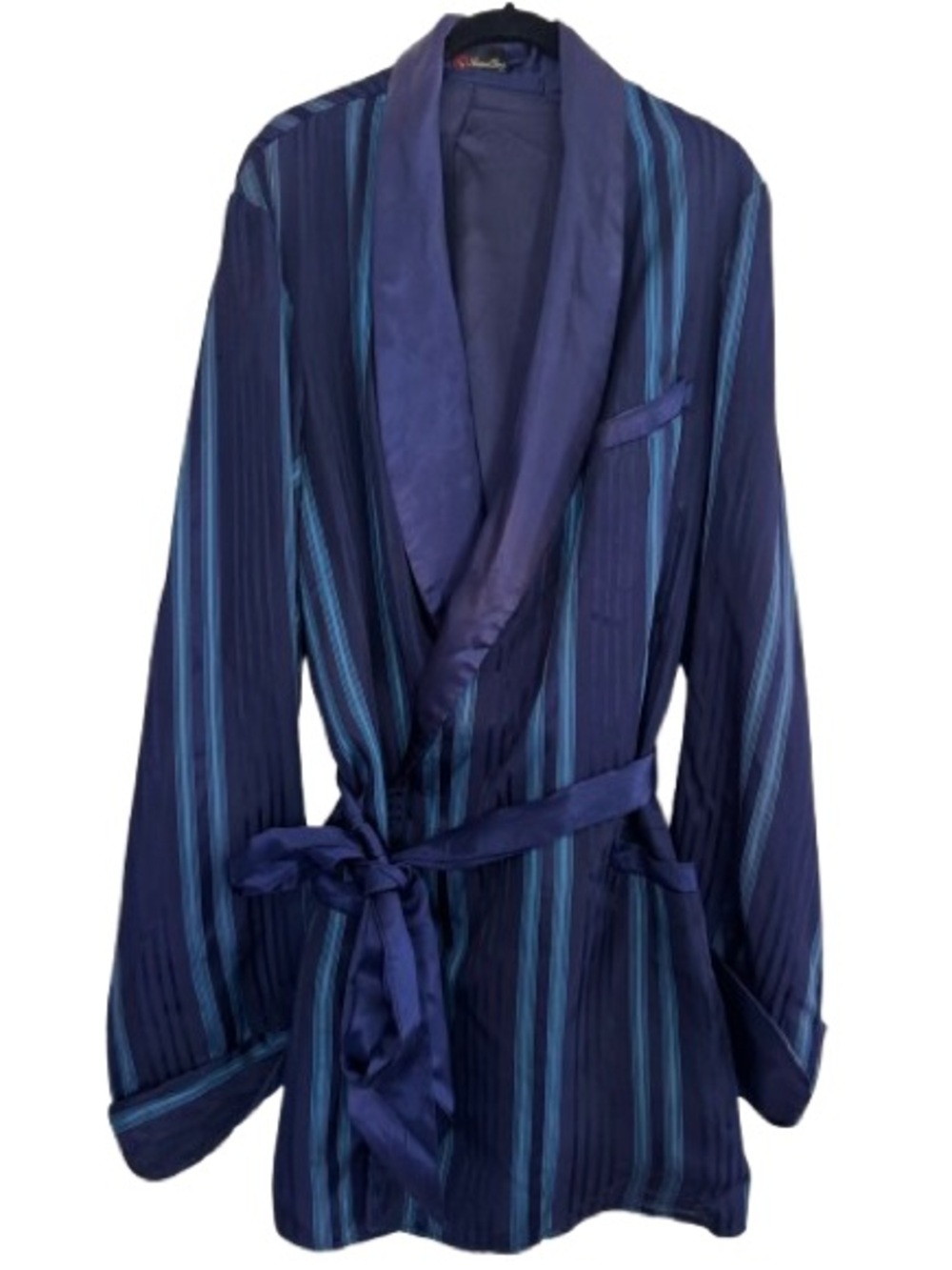 Vintage Savard Bros. inc Blue Stripe Smoking Jacket Belted Robe Cuffed Sleeve
